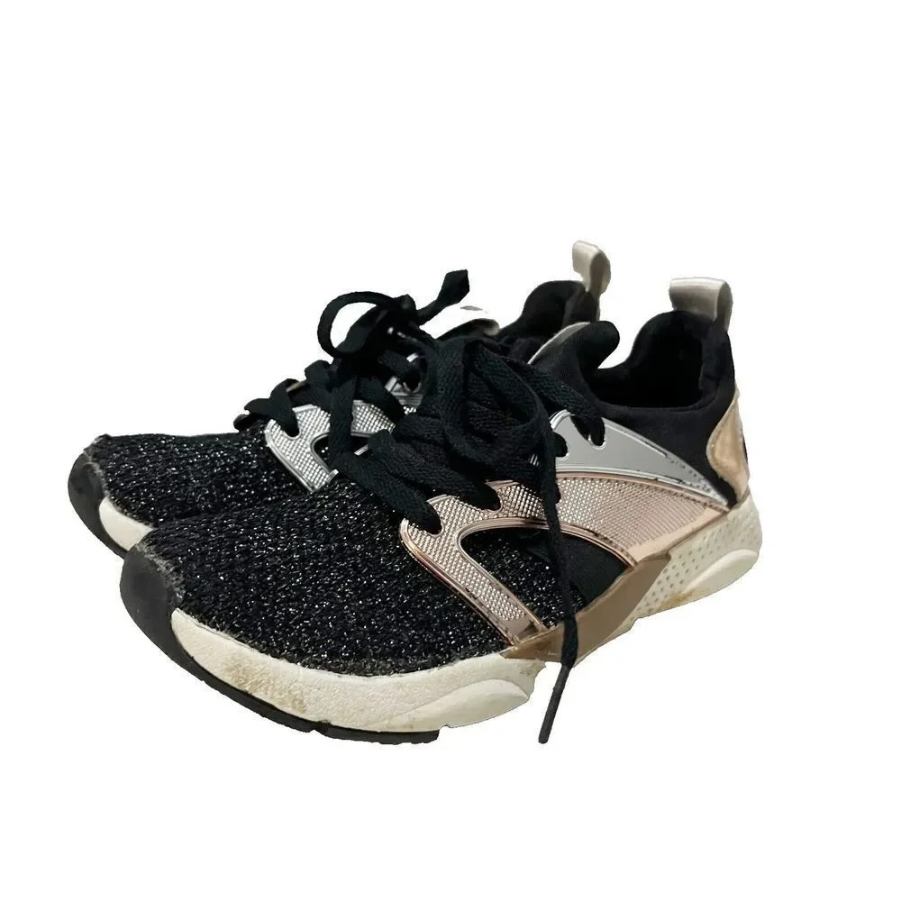 Skechers Youth Girls Black Shine Status Lace Up Low Top Sneakers Shoes Size 13.5